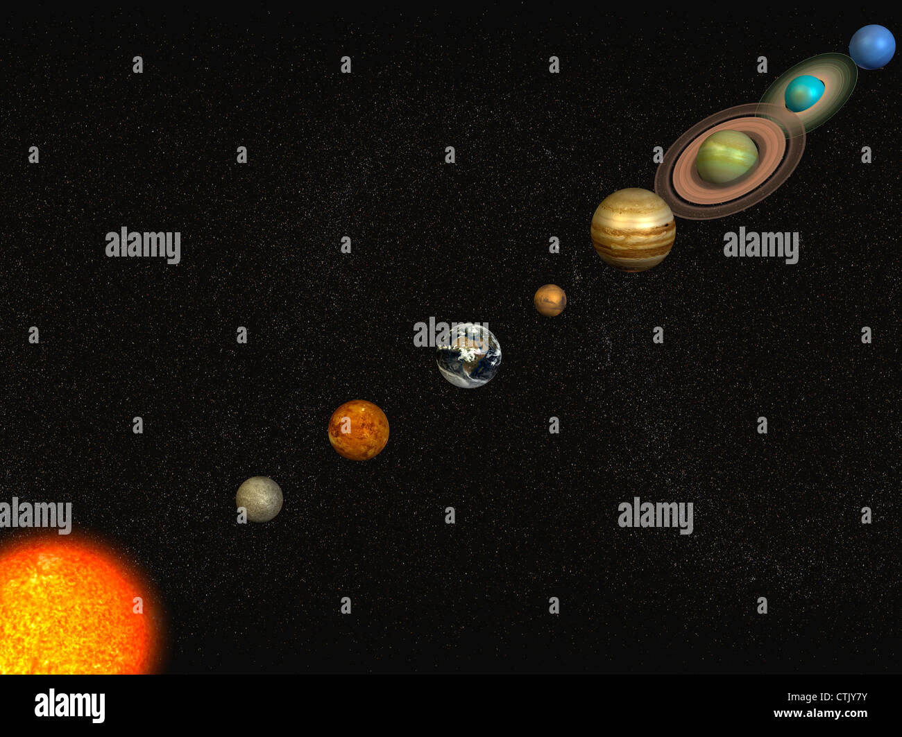 Sonnensystem mit der Sonne in der Mitte und die Planeten Merkur, Venus, Erde, mars, Jupiter, Saturn, Uranus, Neptun (symbolische) Stockfoto