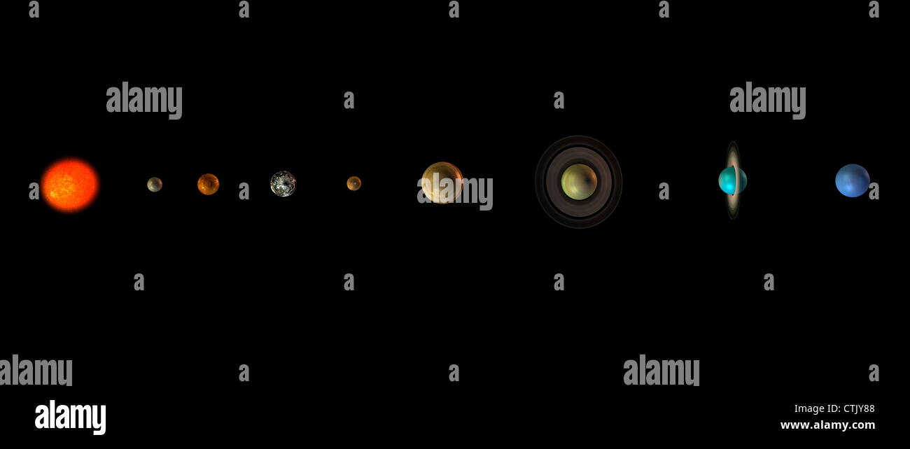 Sonnensystem mit der Sonne in der Mitte und die Planeten Merkur, Venus, Erde, mars, Jupiter, Saturn, Uranus, Neptun (symbolische) Stockfoto