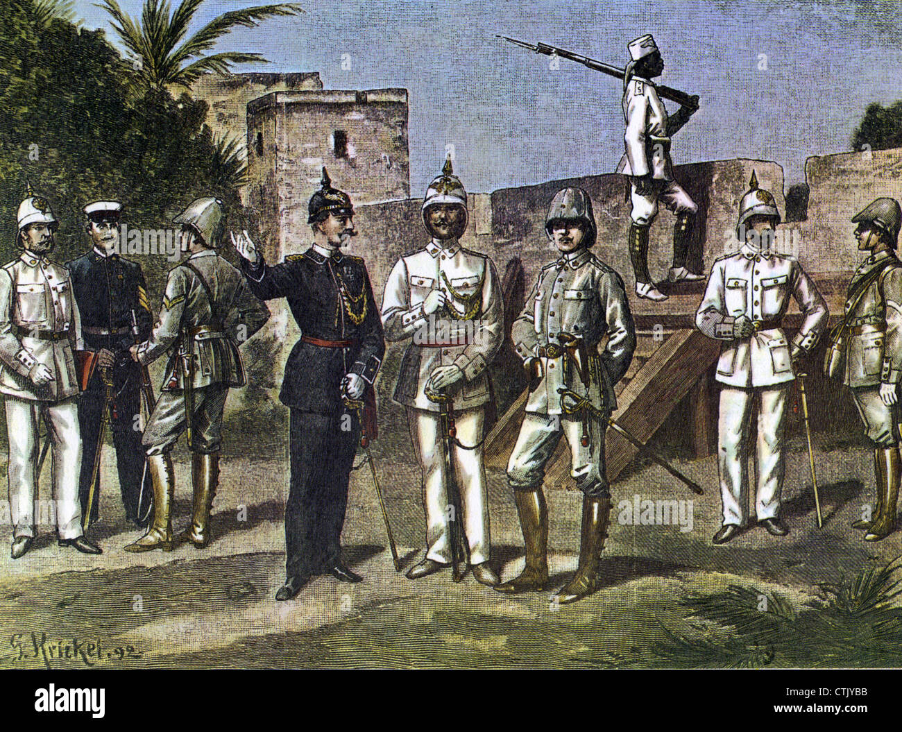 Deutsche KOLONIAL Offiziere IN Afrika im Jahre 1892, wie in der französischen Zeitschrift Le Petit Illustre gezeigt Stockfoto