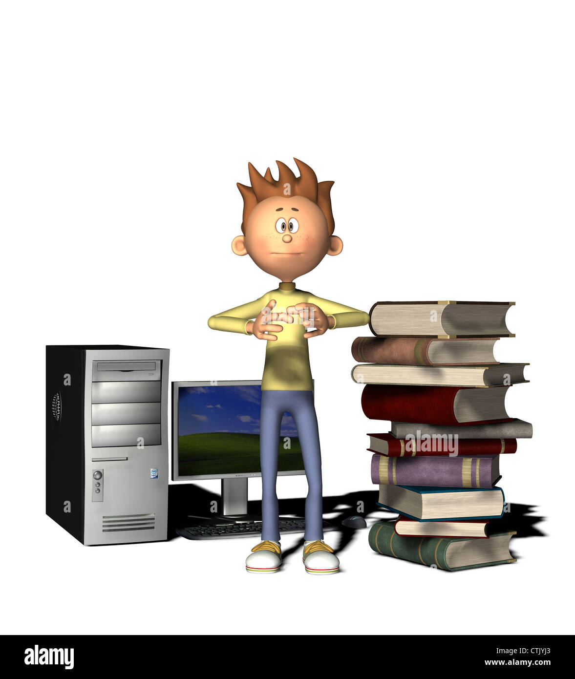 Cartoon-Figur mit Computer und Bücher Stockfoto