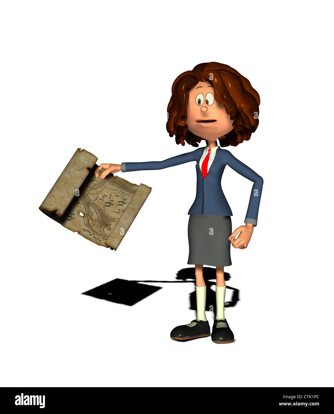Cartoon-Figur-Geschäftsfrau mit Karte Stockfoto