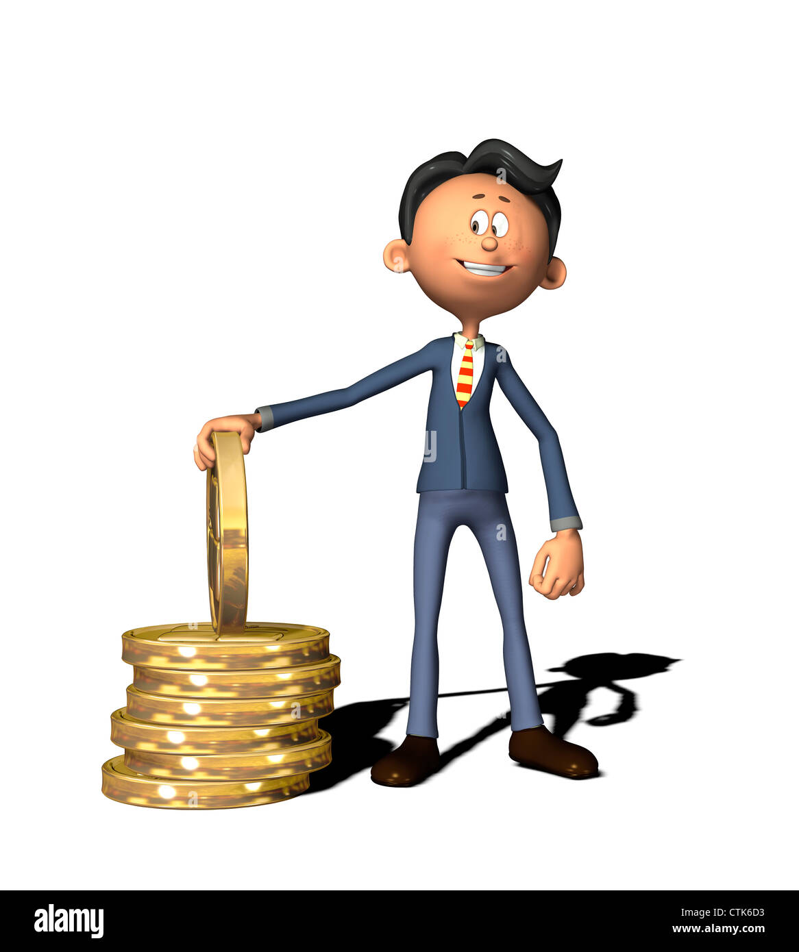 Cartoon-Figur-Geschäftsmann mit Münzen Stockfoto