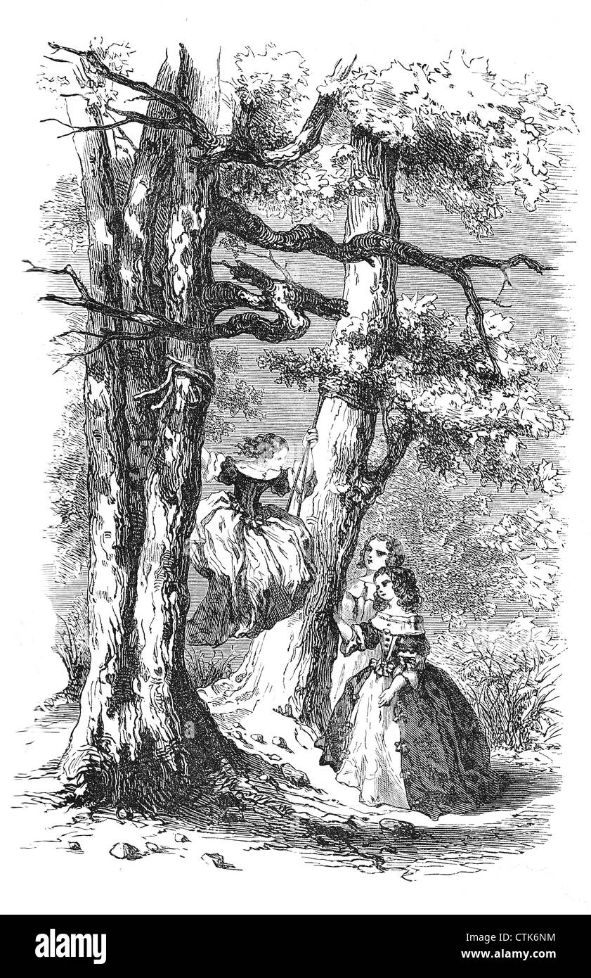 Mädchen spielen im Freien: Zwischen zwei Baumstämmen schwingen, Vintage-Illustration Stockfoto