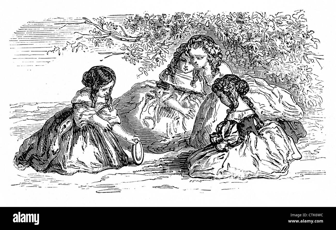Mädchen spielen im Garten. Eine Untertasse auf dem Boden zu drehen, die länger hält, ist die Gewinnerin, Vintage Illustration Stockfoto