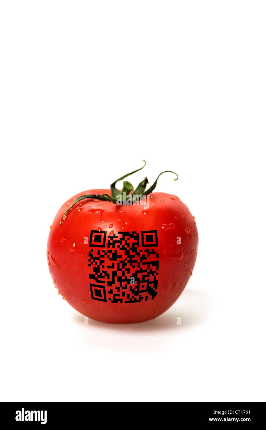 rote Tomate mit qr-code Stockfoto