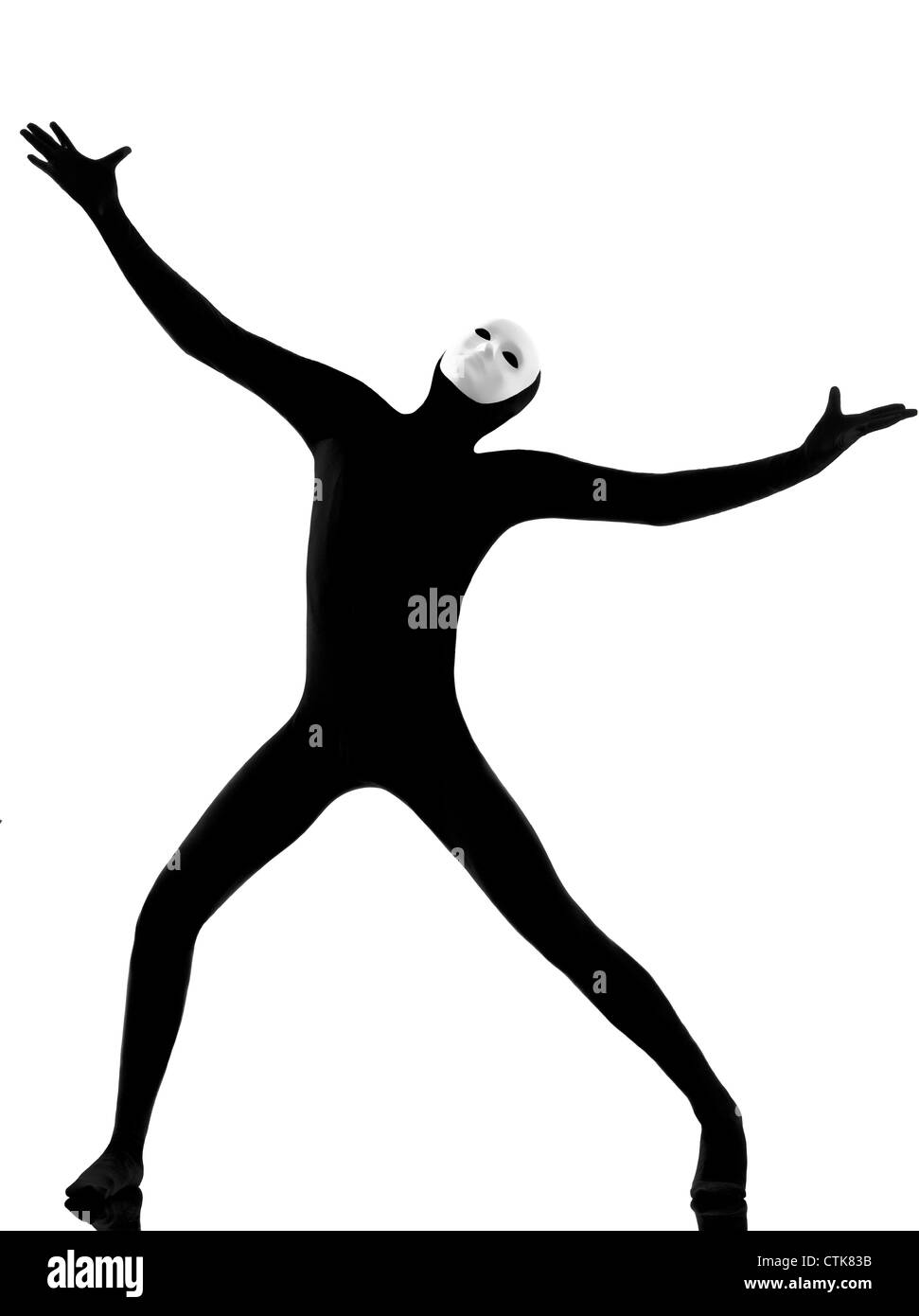 Performer Mann Mime mit Maske Complaigning nachschlagen auf Studio isoliert auf weißem Hintergrund Stockfoto