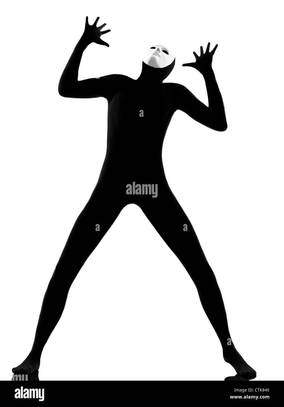 Performer Mann Mime mit Maske Complaigning nachschlagen auf Studio isoliert auf weißem Hintergrund Stockfoto