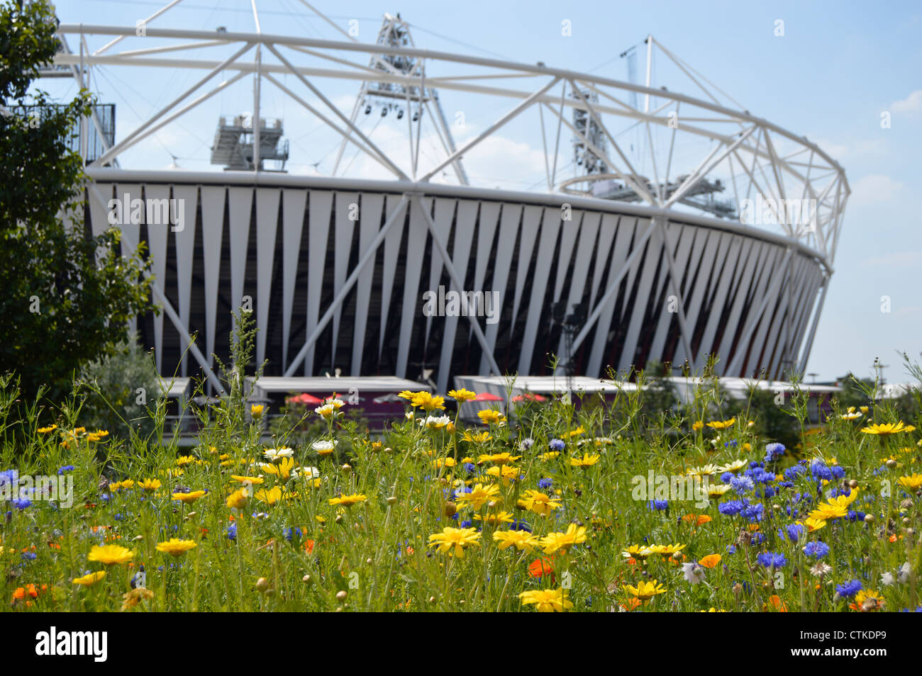 London 2012 Olympische Stadion, Stratford, London, UK mit Blumen im Vordergrund Stockfoto