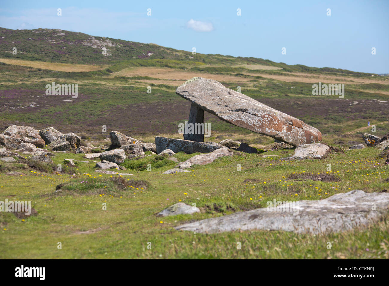 Coetan Arthur Dolmen, alten Beerdigung Kammer jungsteinzeitlichen Steinen auf Str. Davids Kopf, Pembrokeshire Nationalpark, Wales. Stockfoto