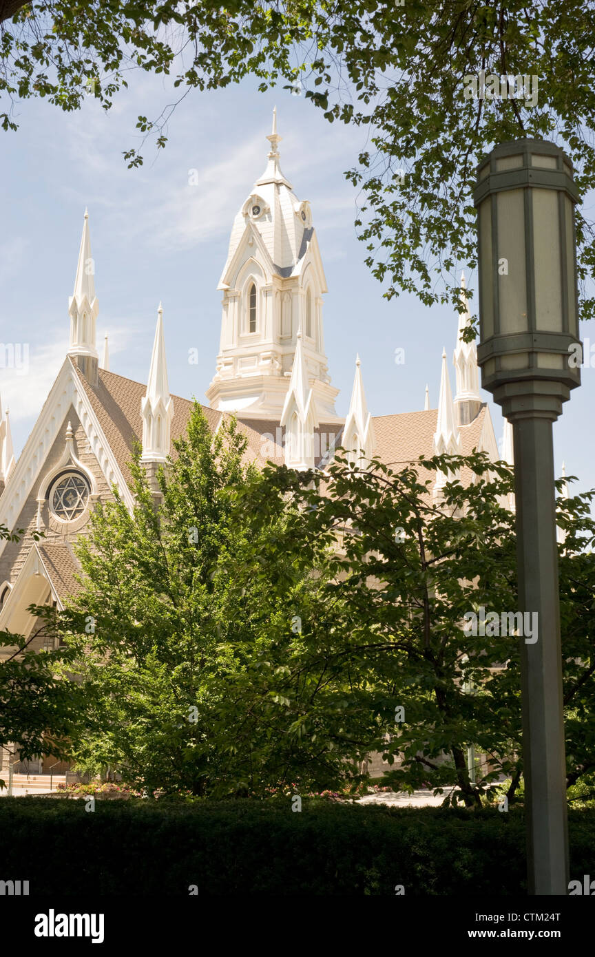 Tempelplatz, Teil des Komplexes im Besitz der Kirche Jesu Christi (Mormonen) in Salt Lake City, Utah, USA. Stockfoto