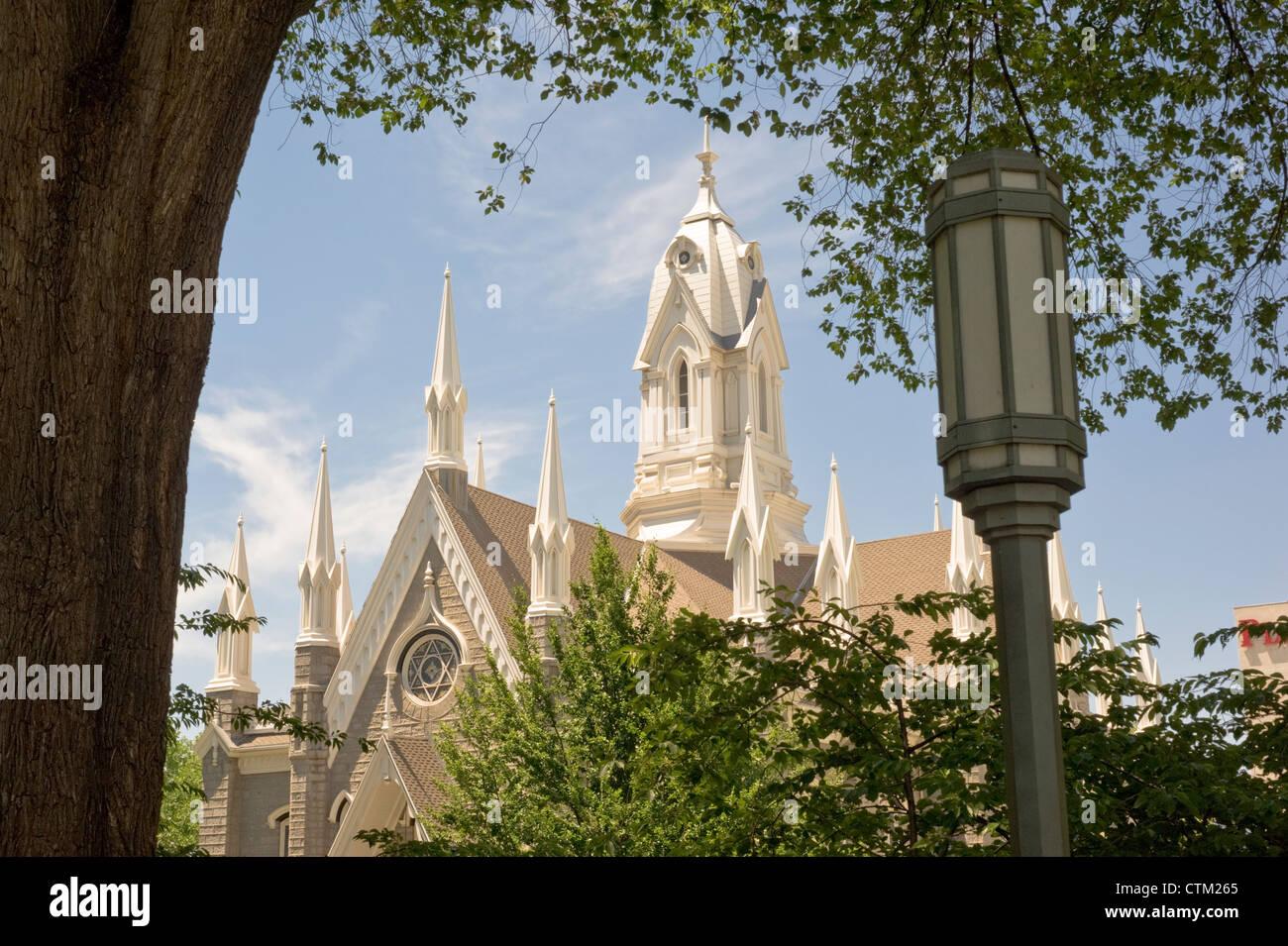 Tempelplatz, Teil des Komplexes im Besitz der Kirche Jesu Christi (Mormonen) in Salt Lake City, Utah, USA. Stockfoto