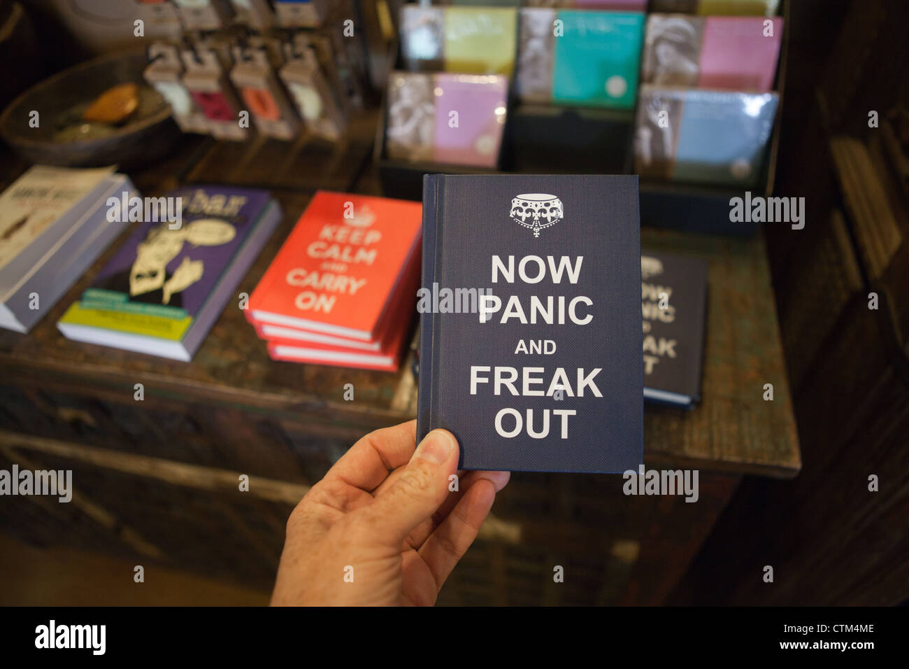 Buch mit dem Titel "Jetzt Panik und Freak Out", eine Parodie auf "Keep Calm and Carry On." Stockfoto
