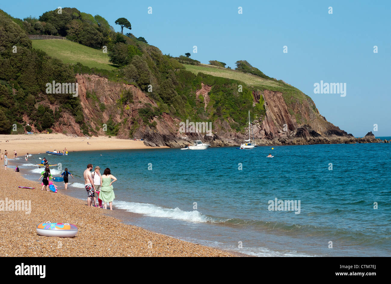Strand Von Blackpool Sands Boote Klippe Kuste Devon England