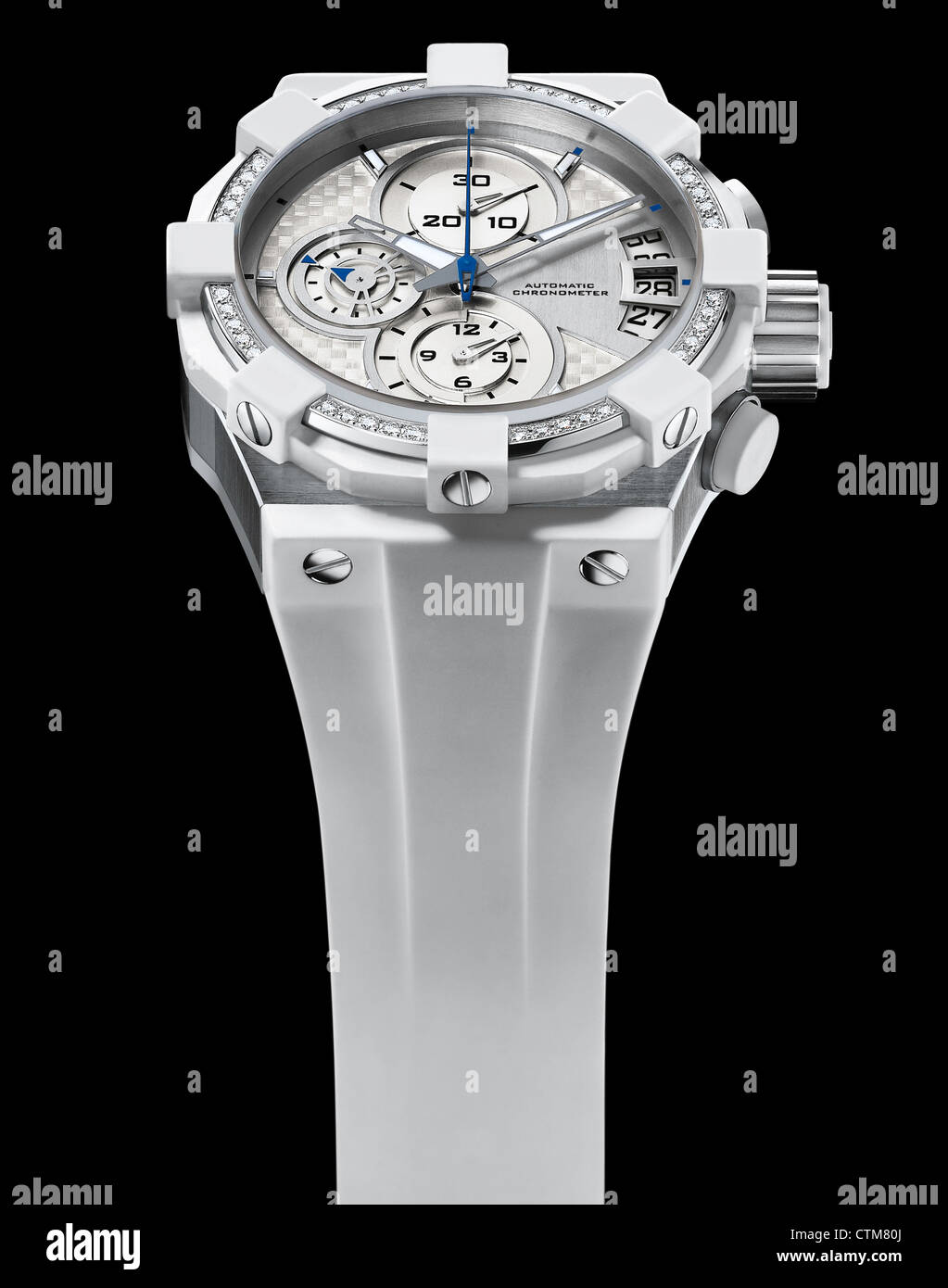 Luxus Damen Stahl-Armbanduhr mit Diamanten Lünette und weißes Kautschukarmband Stockfoto