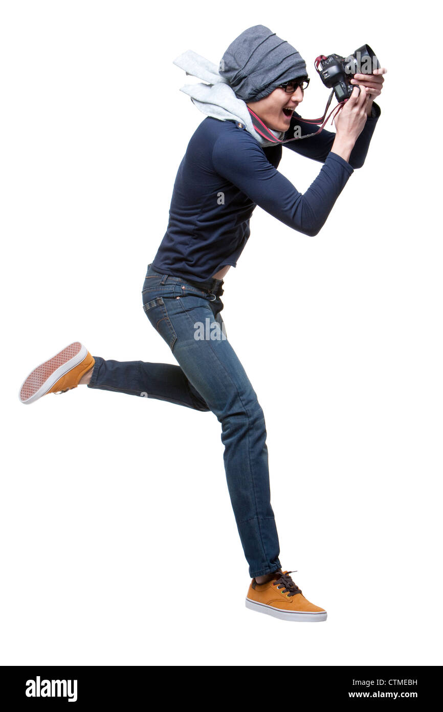 Coole junge Fotografin mit Kamera Stockfoto