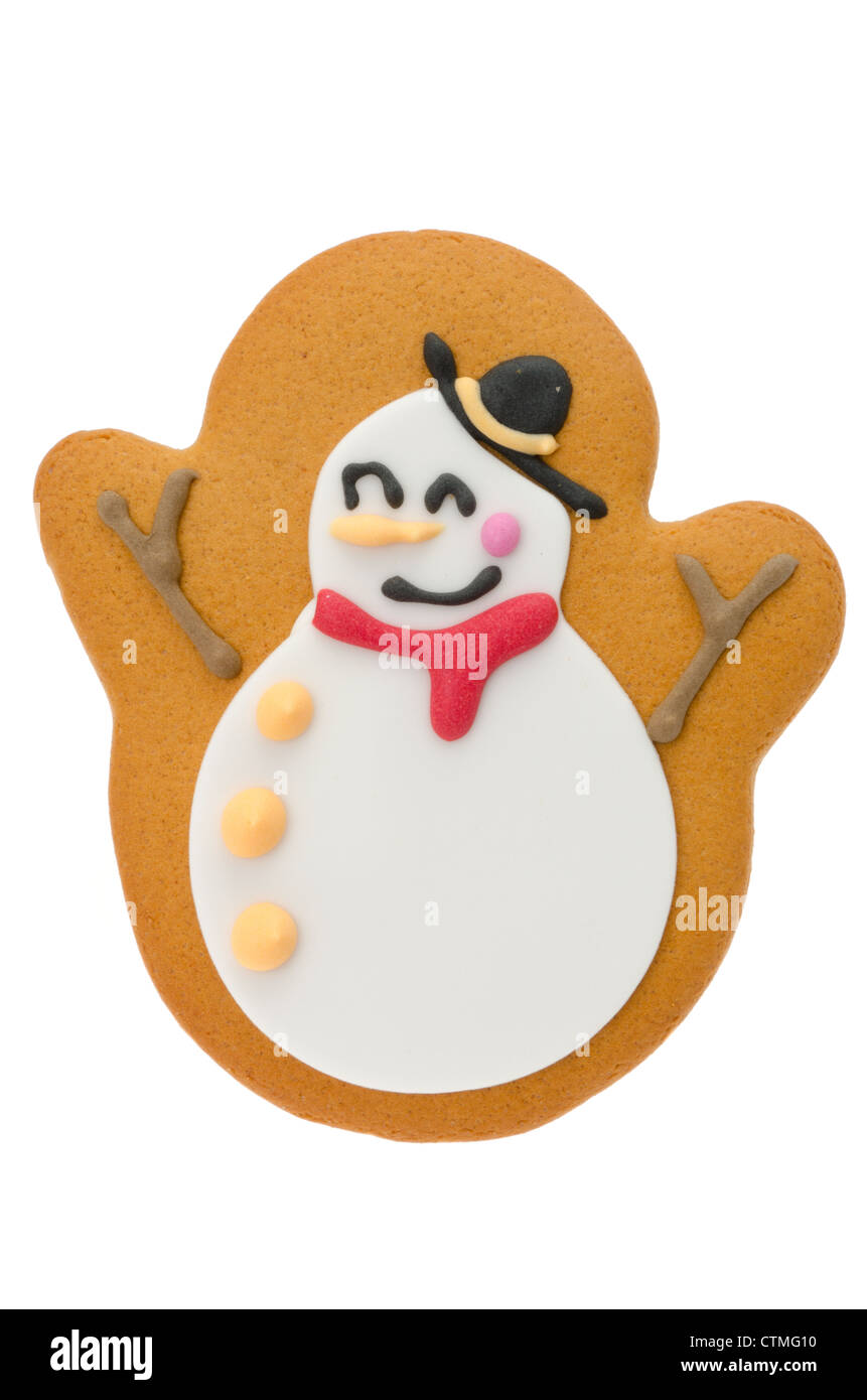 Ein Lebkuchen Keks mit einem Schneemann Zeichen drauf, Stockfoto