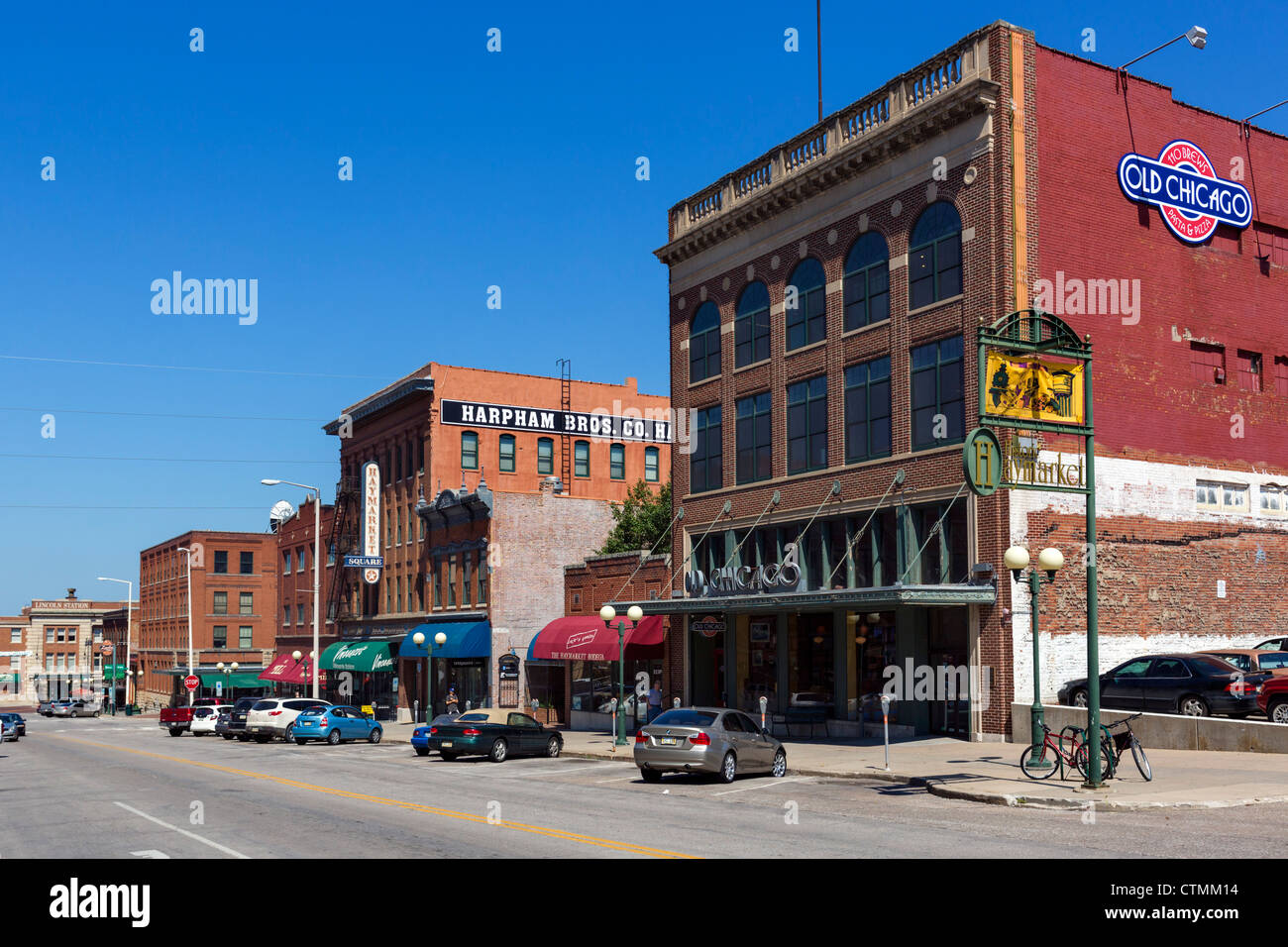 Historische Gebäude auf P-Straße im Stadtteil Haymarket, Lincoln, Nebraska, USA Stockfoto