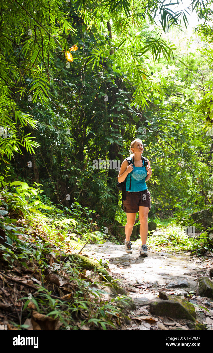 Weibliche Wanderer zu Fuß im Wald in Chiang Mai, Thailand. Stockfoto