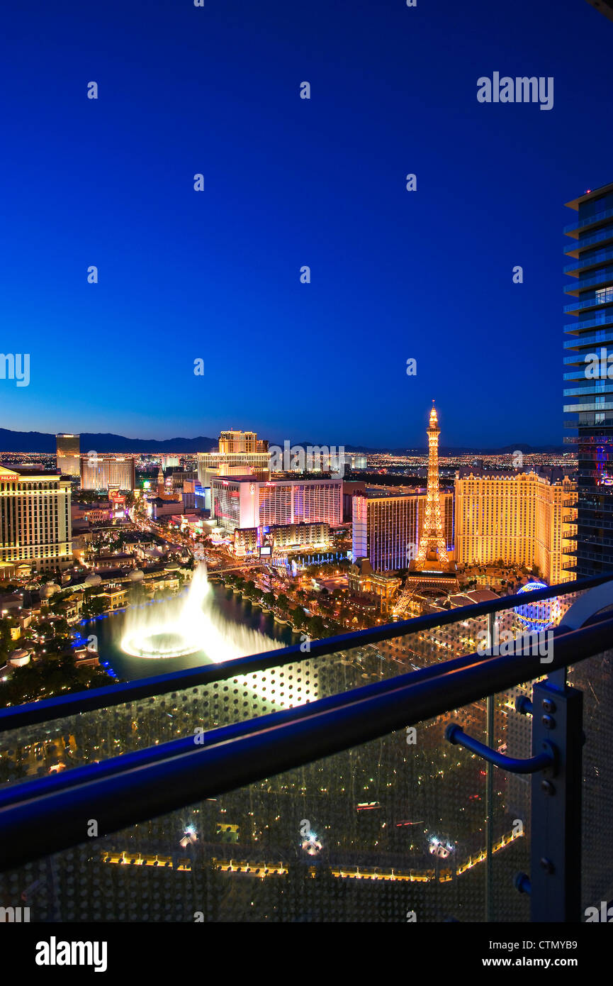 Blick auf Las Vegas Strip von einem Zimmer im The Cosmopolitan. Stockfoto