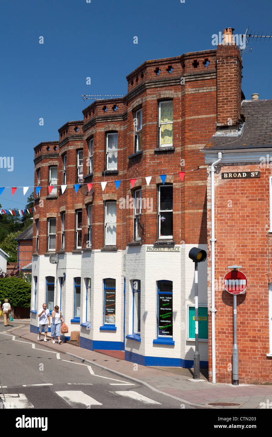 Häuserzeile in Aussicht Stelle, Hind Street, schon St Mary, Devon Stockfoto