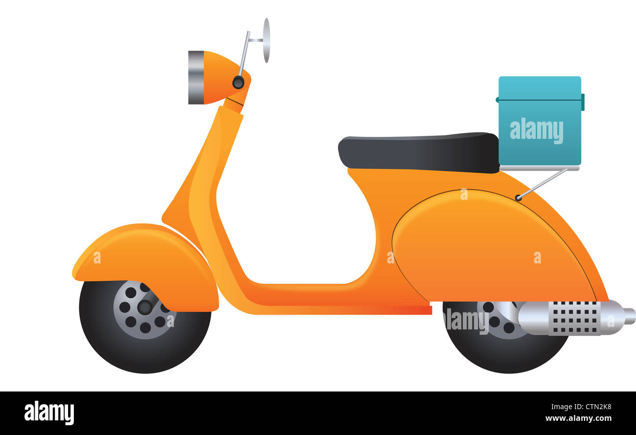 Lieferung Scooter, Orange und schwarz mit blauen Utility Fall, Vektor-illustration Stockfoto