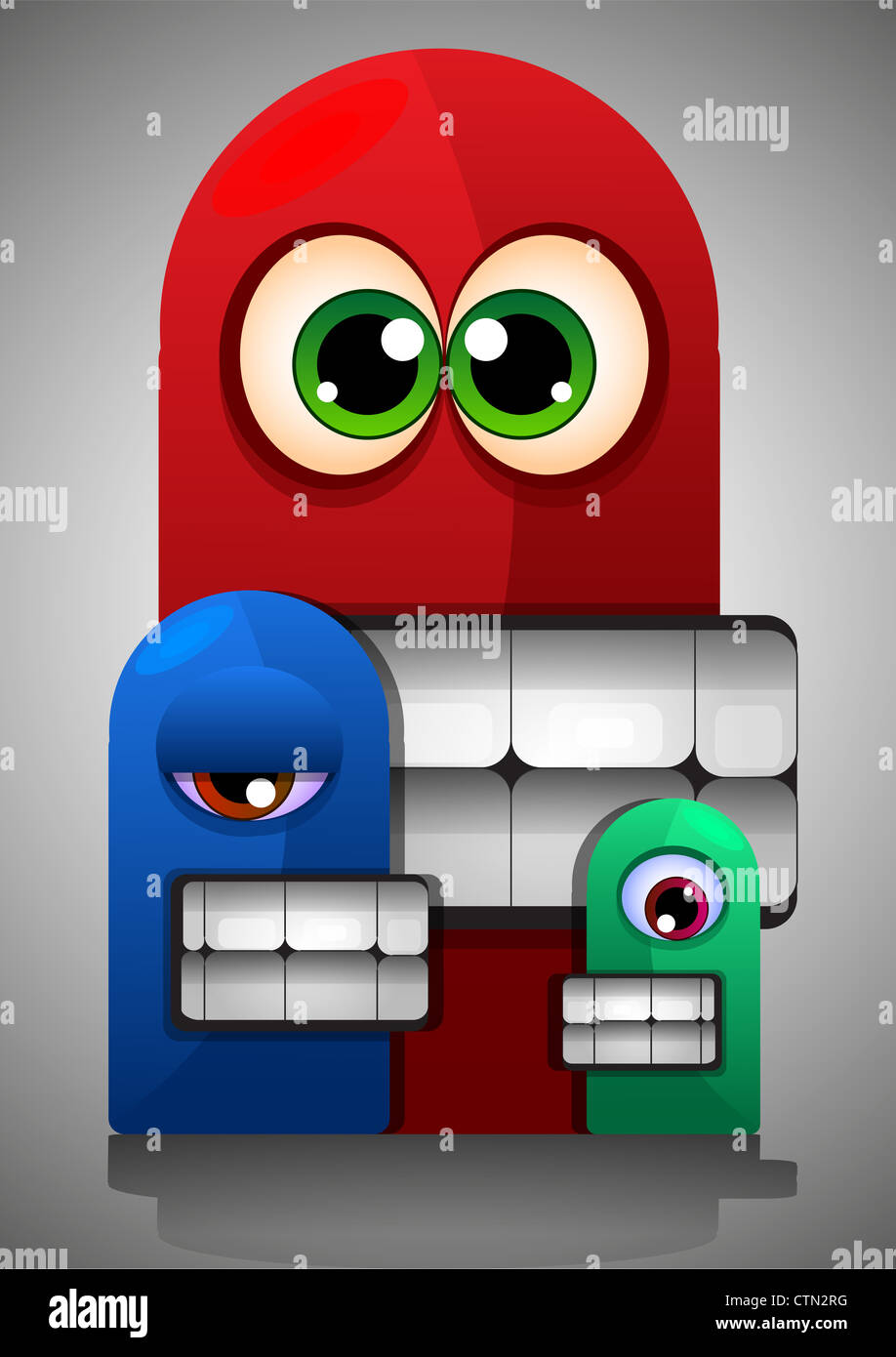 Farbenfrohe Kreaturen, Red Blue Green Monster, große Augen Zähne, Vektor-illustration Stockfoto