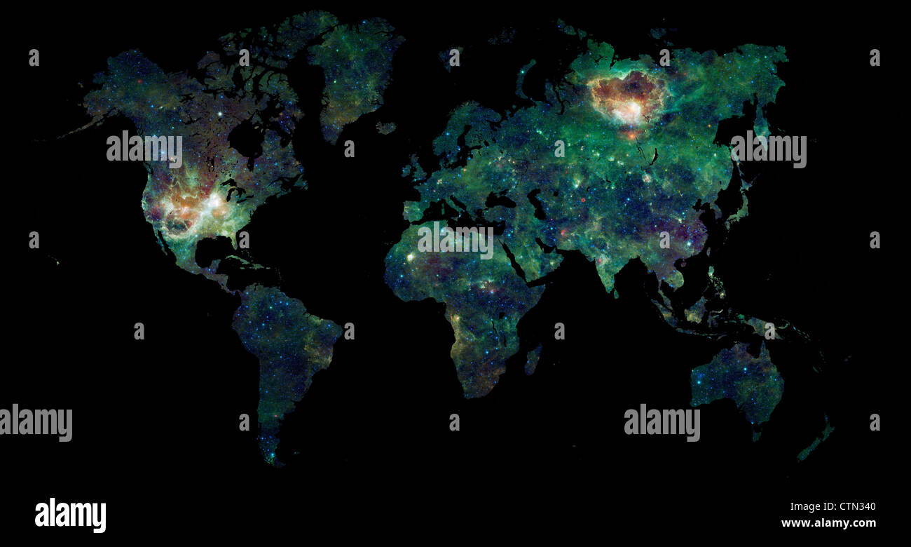 Weltkarte in schwarz mit einer Galaxie füllen die Karte der Erde, Wissenschaft und Raumfahrt Exploration-Konzept Stockfoto