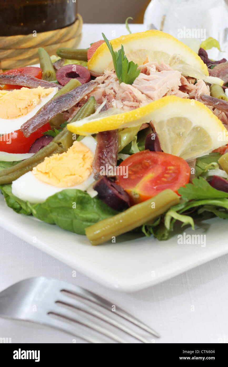 Frisch und traditionell Salade Nicoise oder Nicoise Salat mit Thunfisch, Sardellen, Eiern, grünen Bohnen, Tomaten, Salat, Oliven und trogonoptera Stockfoto
