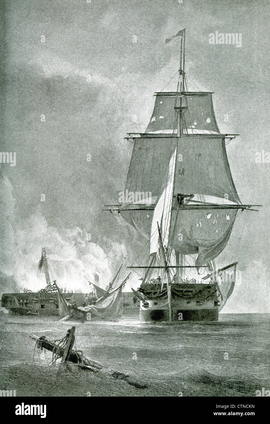 Im Krieg von 1812, in der Nähe von Bermuda erfasst die Essex die Warnung, ein Schiff der britischen Marine, Stockfoto