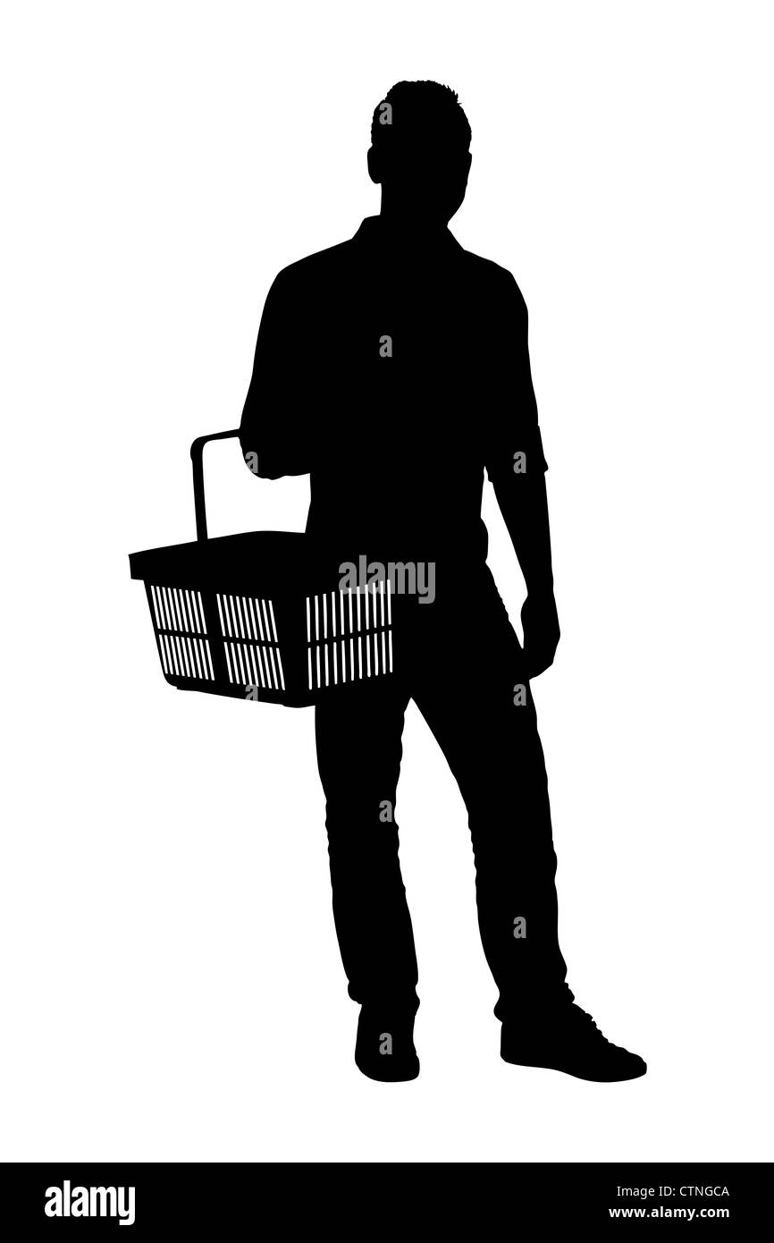 Eine Silhouette eines in voller Länge-Porträt eines Mannes mit einem leeren Warenkorb isoliert auf weißem Hintergrund Stockfoto