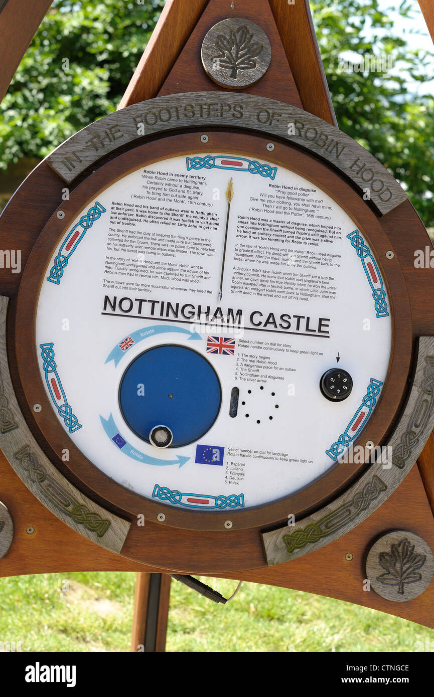 Nottingham Castle interaktive Hinweisschild Stockfoto