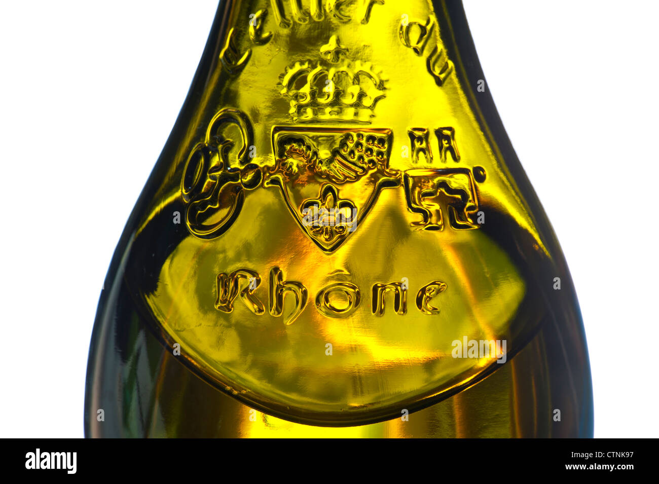 Rhone Weißwein Ansicht schließen auf dem Glasrelief-Etikett auf einer Flasche französischen weißen Rhone-Wein Cotes du Rhone Frankreich Stockfoto