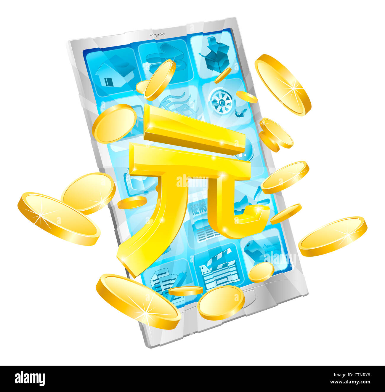 Yuan Geld Telefon Concept Illustration des Handy mit Münzen und gold Yuan Zeichen Stockfoto