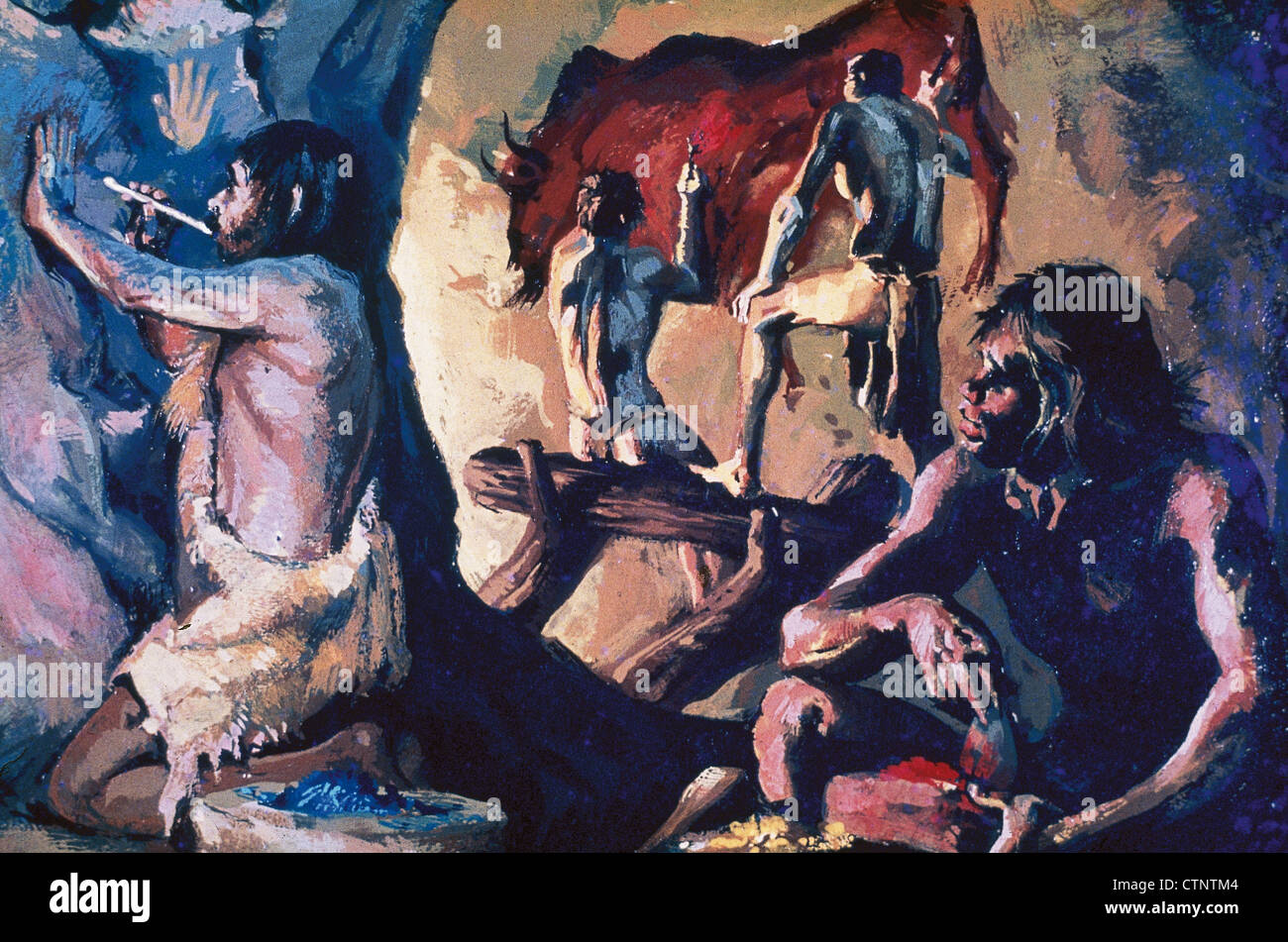 Urgeschichte. Oberen Paläolithikum. Homo Sapiens Malerei ein Bison während einer rituellen Zeremonie in einer Höhle. Stockfoto