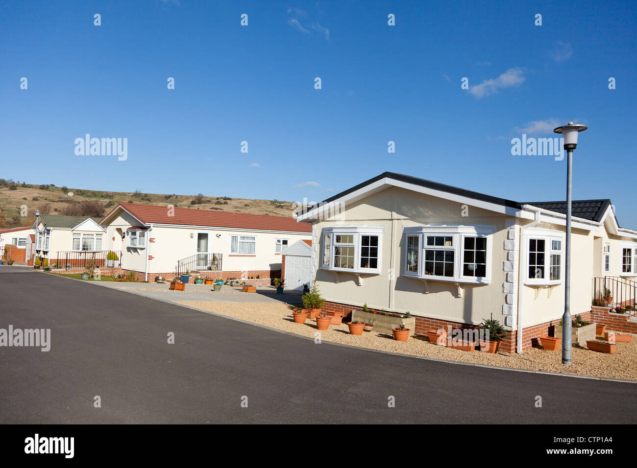 Mobilen Wohnpark Heimat in einem Wohnwagenpark im Südosten Englands. Stockfoto