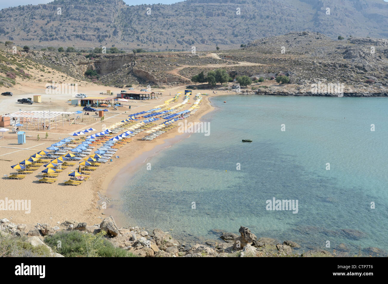 Vogelperspektive von Agathi Beach auch bekannt als Goldstrand auf der griechischen Insel Rhodos Stockfoto