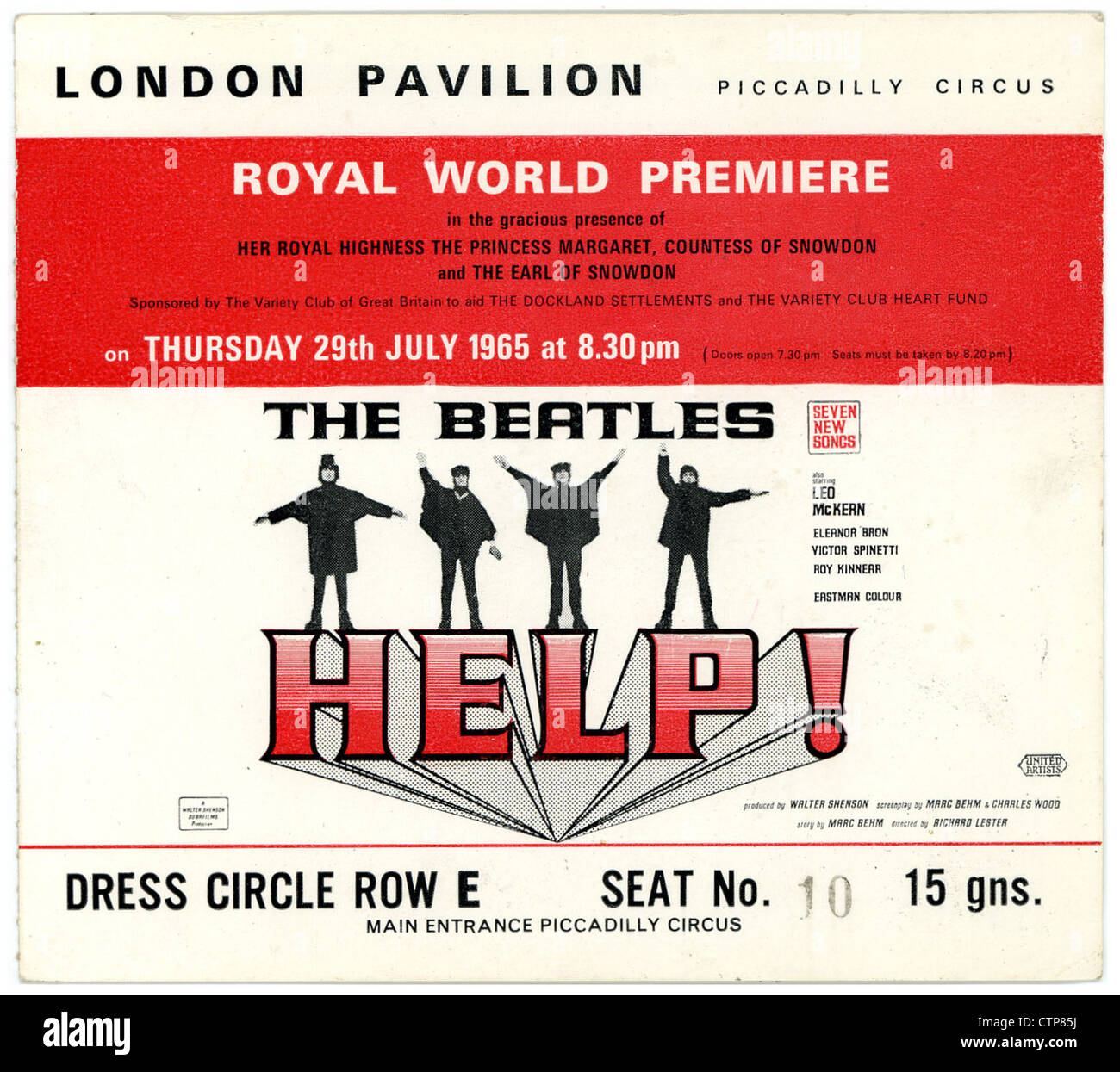 001362 - die Beatles helfen! Royal World Premiere-Ticket von der London Pavillon am 29. Juli 1965 Stockfoto