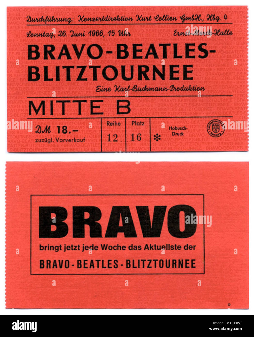 001566 - die Beatles Bravo Blitztournee Konzertkarte von Ernst-Merck-Halle in Hamburg am 26. Juni 1966 Stockfoto