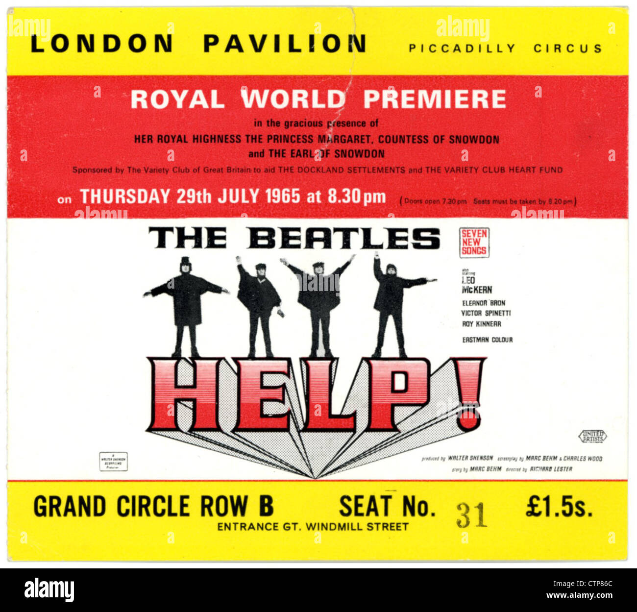 001340 - die Beatles helfen! Royal World Premiere-Ticket von der London Pavillon am 29. Juli 1965 Stockfoto