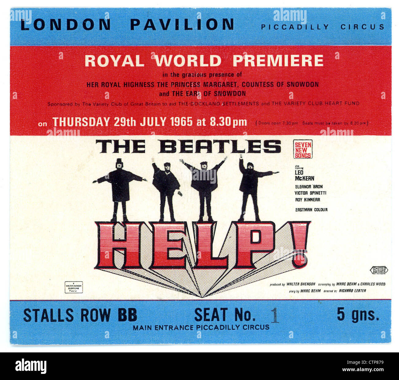 001339 - die Beatles helfen! Royal World Premiere-Ticket von der London Pavillon am 29. Juli 1965 Stockfoto