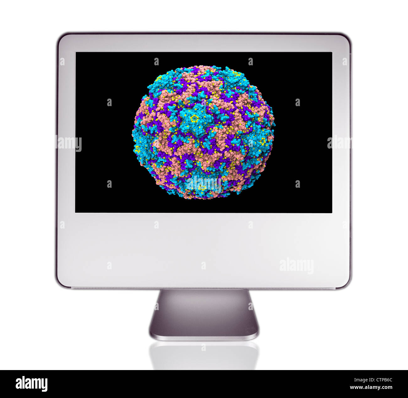 Computer-Monitor zeigt ein molekulares Modell eines Virus Stockfoto