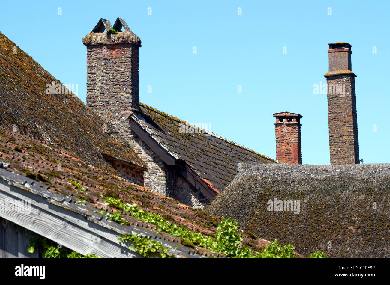 Dachdetails der West Lynch Farm, Holnicote Estate in der Nähe von Porlock, Somerset zeigt strohgedeckten Dach und 17.Jahrhundert Schornsteine, Stockfoto