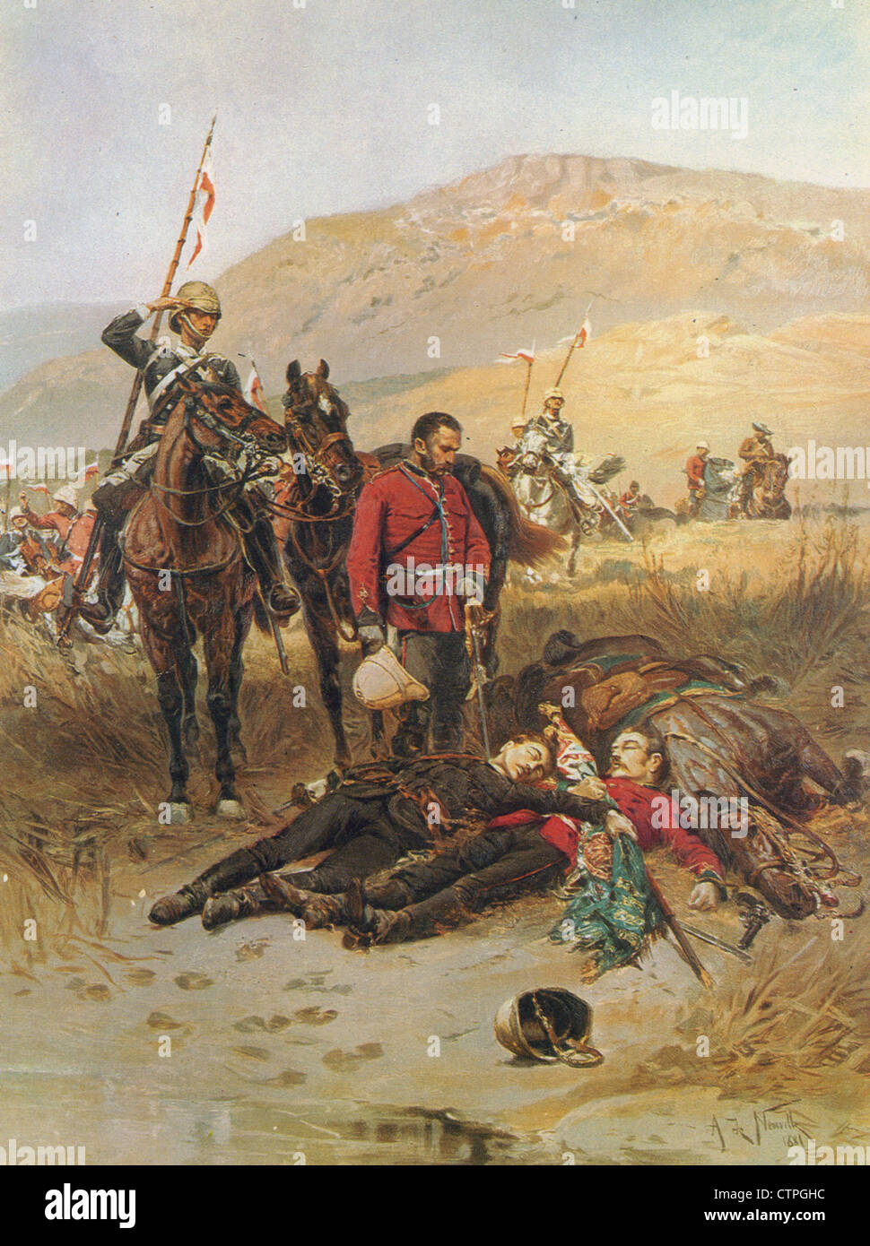 ISANDALWANA 1879 Gemälde von Alfonse de Neuville zeigt eine Patrouille der 17 Lancers finden die Leichen von Coghill und Melville Stockfoto