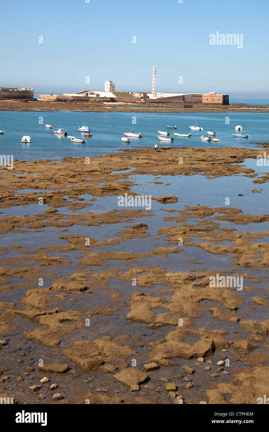 Von Cadiz, Spanien. Malerische Aussicht auf Fischerboote am Strand von Playa De La Caleta. Stockfoto