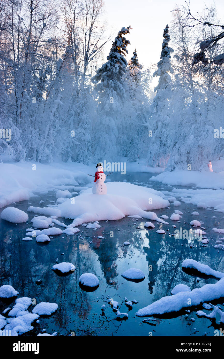 Schneemann stehend auf der kleinen Insel im mittleren Stream Nebel hoar Milchglas Bäume im Hintergrund russische Jack Federn Park Anchorage Stockfoto