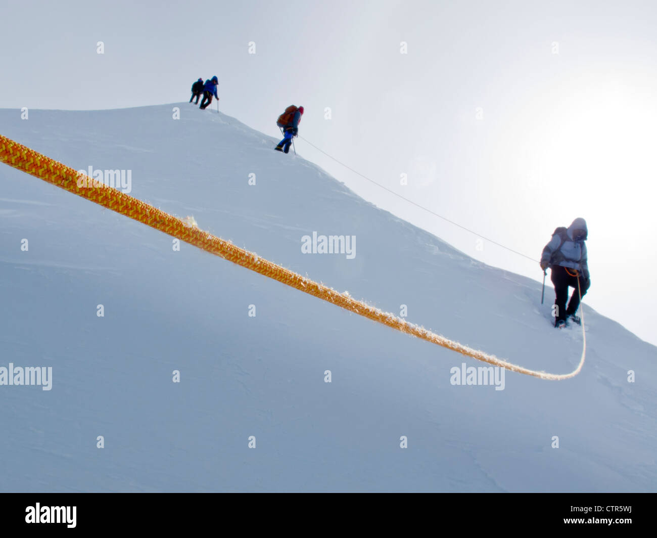 Gruppe Bergsteiger absteigend Gipfelgrat entlang King Trench auf Mt Logan Kluane National Park Saint Elias Mountains Yukon Stockfoto
