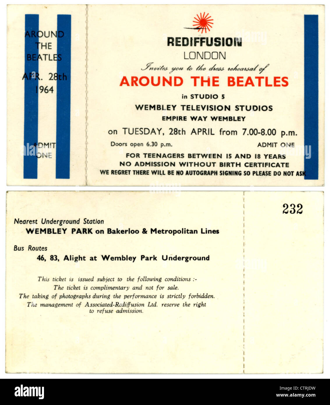 001002 - die Beatles Associated Rediffusion rund um das Beatles-Konzert-Ticket von Wembley Fernsehstudios am 28. April 1964 Stockfoto