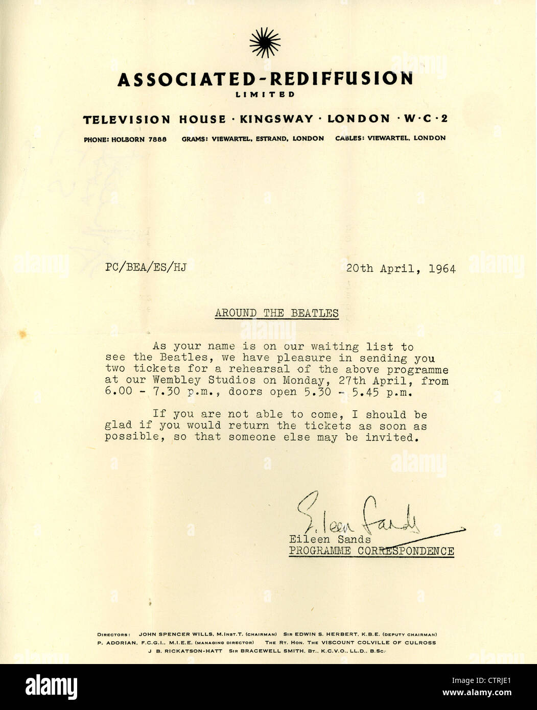 000998 - die Beatles Associated Rediffusion rund um die Beatles Probe Einladungsschreiben vom 20. April 1964 Stockfoto