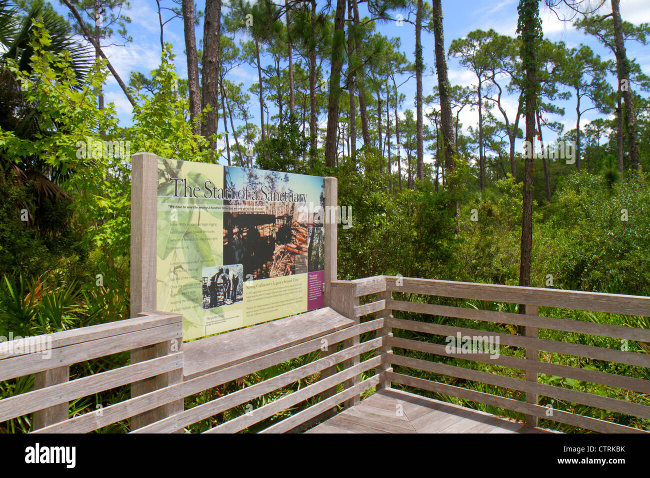 Naples, Florida, Everglades, Corkscrew Swamp Sanctuary & Blair Audubon Center, Naturschutzgebiet, Wasserscheide, Eingang, Schild, Logo, Informationen, Naturpromenade, Pinienwald Stockfoto