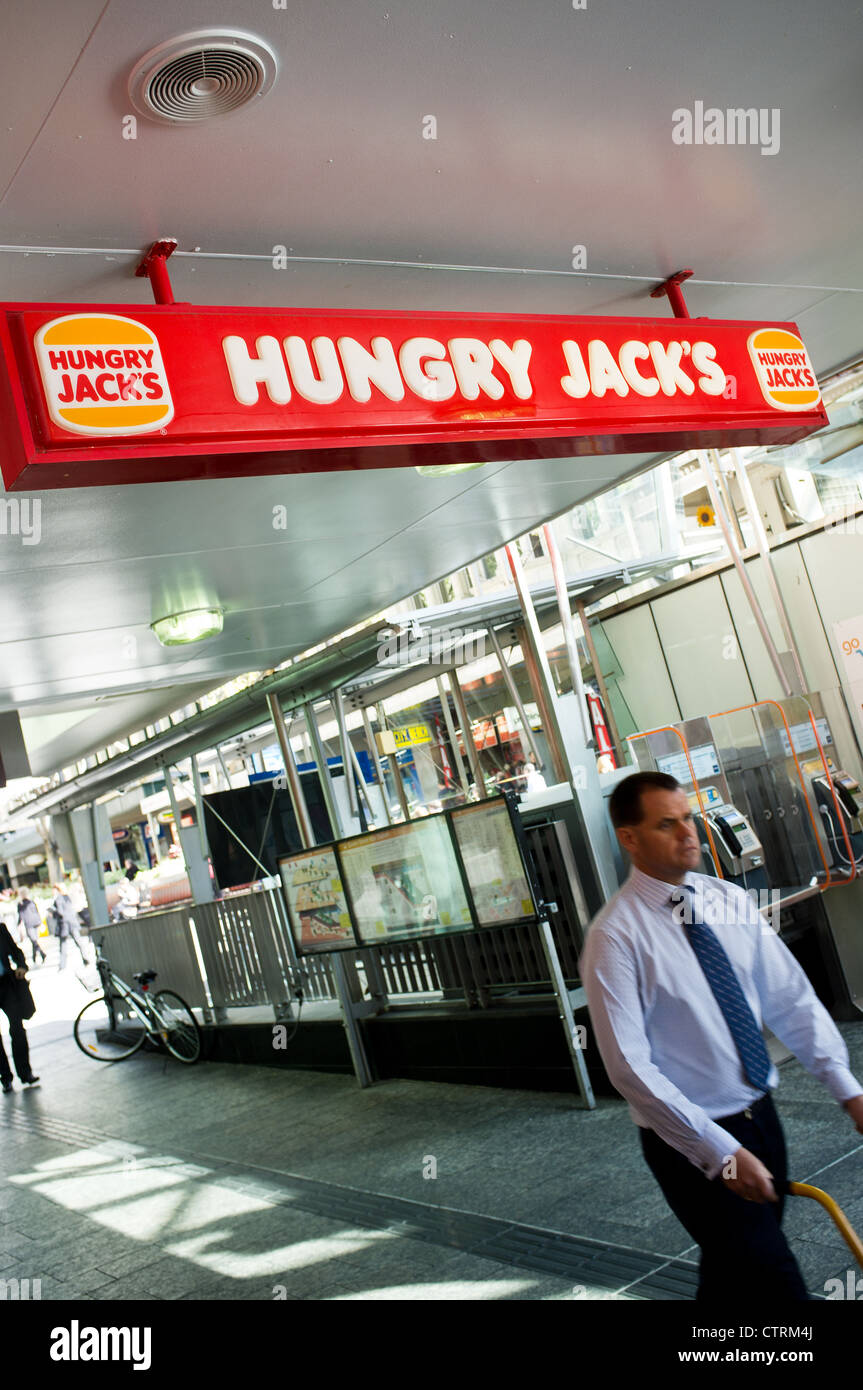 Ein Schild für Hungry Jacks in Brisbane in Queensland QLD in Australien. Stockfoto